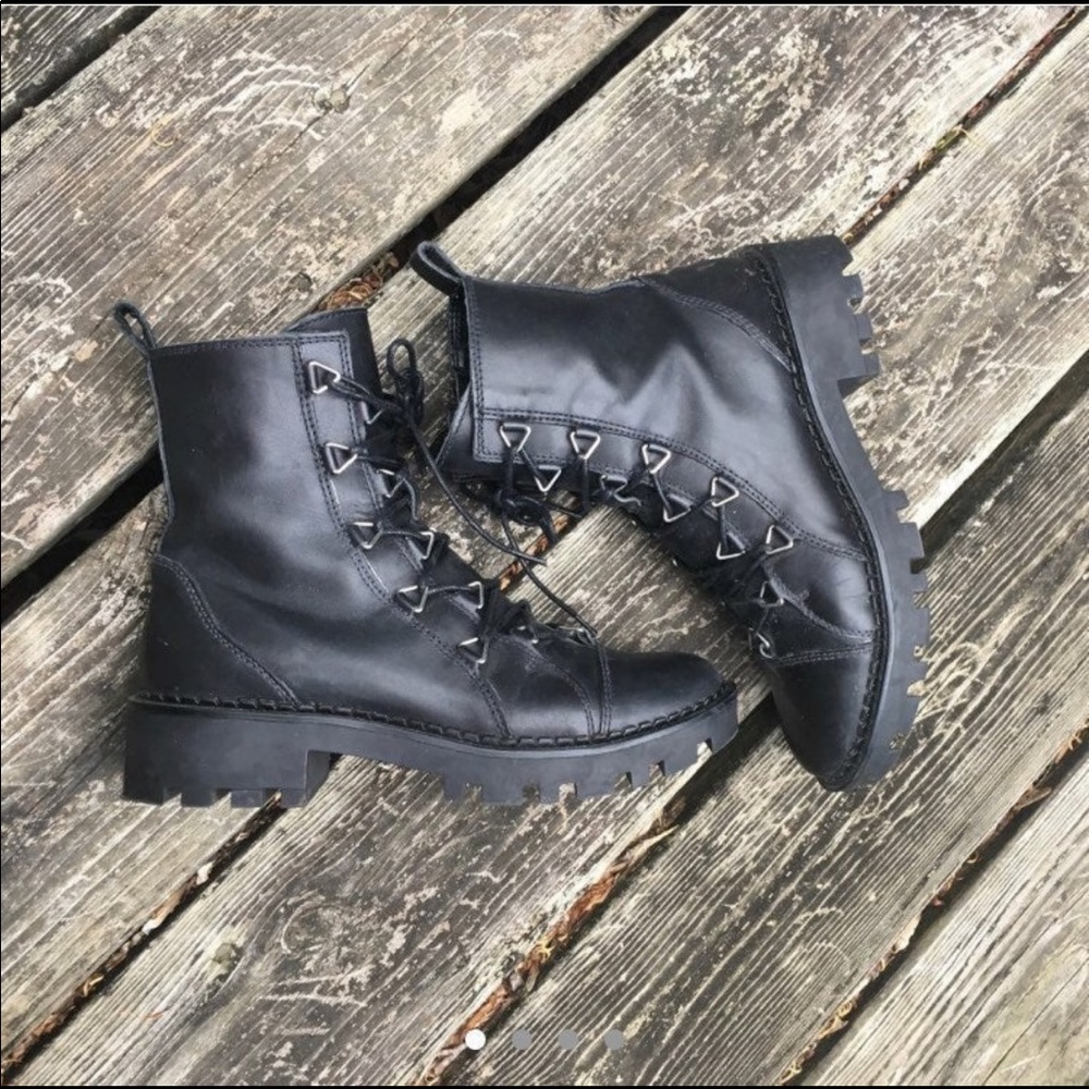 Zara Black Combat Lace Up Leather Ankle Boots